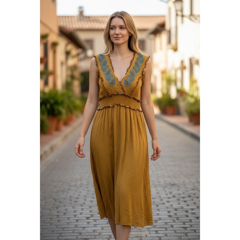 Mystree Mustard Yellow Boho Maxi Dress Embroidered Smocked Waist Women's Small